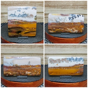 Pode incluir: Quatro lajes de ágata polidas com um padrão em camadas de branco, marrom e amarelo. As lajes são exibidas em suportes pretos.