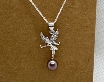 Sterling silver fairy pendant with freshwater pearl on sterling silver 18" necklace