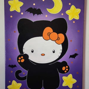 May include: A Halloween-themed painting featuring a cartoon cat character in a black costume with an orange bow. The background is purple with yellow stars, a crescent moon, and bat silhouettes. The artwork has a whimsical and festive feel.