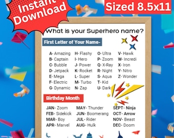 Crea tu propio nombre de superhéroe, actividad de cumpleaños de superhéroe, descarga instantánea, PDF, juego