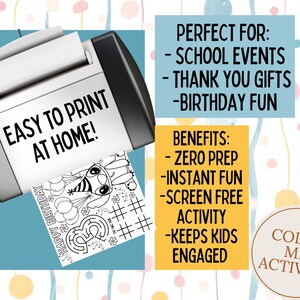 Puede incluir: Una impresora en blanco y negro imprimiendo una p&aacute;gina para colorear en blanco y negro con el texto "Happy Birthday". La imagen tambi&eacute;n incluye el texto "Easy to print at home!" y "Color Me Activity".