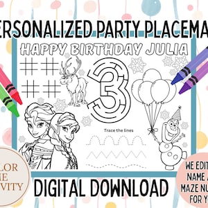 May include: A personalized party placemat with the text "Happy Birthday Julia" and a number 3 maze. Includes coloring activities with images of a reindeer, balloons, and characters. The words "Color Me Activity" and "Digital Download" are also present.