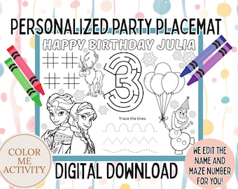 Personalized Frozen Placemat, Elsa and Anna Themed Worksheet, Coloring Activity Page, Coloring Placemat, Birthday Supplies, PDF, Printable
