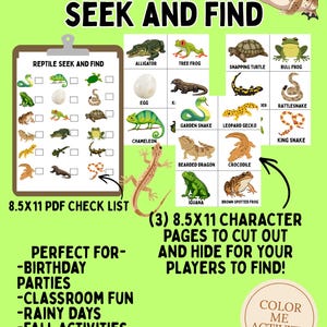 May include: A printable "Reptile Seek and Find" activity sheet with a green background. It features a checklist, reptile illustrations, and text: "Perfect for Birthday Parties, Classroom Fun, Rainy Days, Fall Activities." A frog illustration is present.