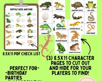 Juego de búsqueda de reptiles, actividad para fiestas de cumpleaños, búsqueda del tesoro, lagarto (descarga instantánea)