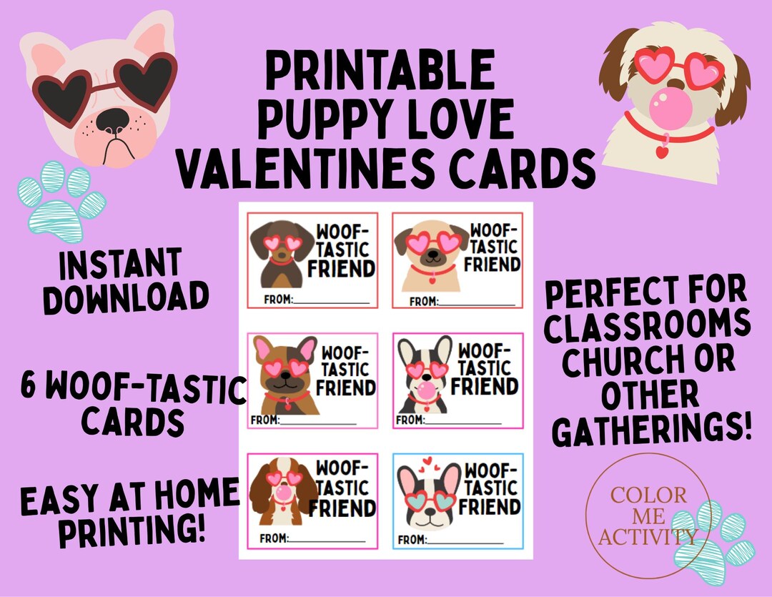 Printable Puppy Valentine Cards, Dog Valentines Cards, Classroom Favors ...