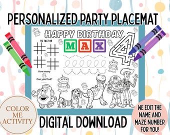 Personalized Toy Story Placemat, Toy Story Activity, Coloring Activity Page, Coloring Placemat, Birthday Supplies, PDF, Printable, woody