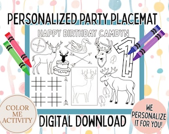 Mantel individual personalizado de cumpleaños de caza del GRANDE, página para colorear imprimible (descarga digital)