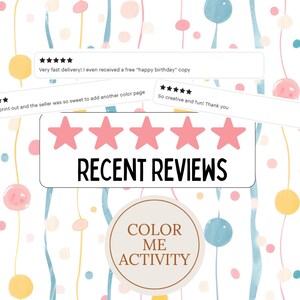 Puede incluir: Un fondo colorido con formas y l&iacute;neas en colores pastel. La imagen presenta un gr&aacute;fico con el texto "RECENT REVIEWS" y cinco estrellas rosas. Las rese&ntilde;as de los clientes se muestran encima del gr&aacute;fico, y un logotipo circular con el texto "COLOR ME ACTIVITY" est&aacute; en la parte inferior.
