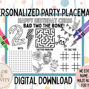 Bad TWO the Bone Personalized Activity Placement and Worksheet, Coloring Activity Page, Coloring Placemat, Birthday, PDF, Digital Download image 1