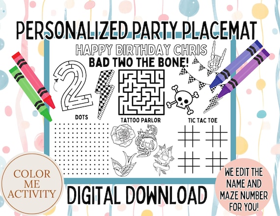 Bad TWO the Bone Personalized Activity Placement and Worksheet, Coloring Activity Page, Coloring Placemat, Birthday, PDF, Digital Download