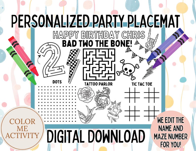 Bad TWO the Bone Personalized Activity Placement and Worksheet, Coloring Activity Page, Coloring Placemat, Birthday, PDF, Digital Download image 1