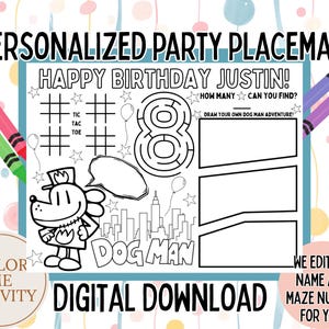 Personalisierte Hund Mann Tischset, Hund Mann Themen Färbung Aktivität Seite, Färbung Tischset, Geburtstag Zubehör, Printable, PDF, Abenteuer, Comic