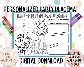 Mantel individual personalizado de perro y hombre, página para colorear con temática de perro y hombre, mantel individual para colorear, suministros de cumpleaños, imprimible, PDF, aventura, cómic