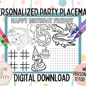 May include: A personalised party placemat with the text "PERSONALIZED PARTY PLACEMAT" and "HAPPY BIRTHDAY FREDDY". The design includes a maze, a number 5, and various animal illustrations. The words "COLOR ME ACTIVITY" and "DIGITAL DOWNLOAD" are also present.