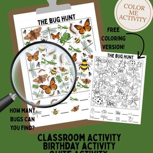 Może przedstawiać: Klip z arkuszem aktywności polowania na robaki, z różnymi owadami, takimi jak motyle i pszczoły. Lupa jest umieszczona nad arkuszem. Tekst brzmi "Ile robaków możesz znaleźć?" i "Pokoloruj mnie".