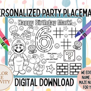 Personalisiertes Super Mario Bros Tischset, Mario Themen Arbeitsblatt, Färbung Aktivitätsseite, Färbung Tischset, Geburtstag Zubehör, PDF, Printable