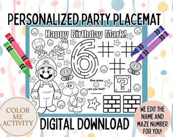 Personalized Super Mario Bros Placemat, Mario Themed Worksheet, Coloring Activity Page, Coloring Placemat, Birthday Supplies, PDF, Printable