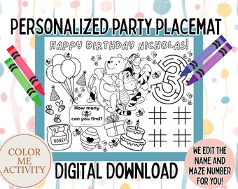 Jogo americano e folha de atividades personalizados do Ursinho Pooh, página para colorir, jogo americano para colorir, aniversário, imprimível, Pooh e amigos