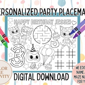 Personalized Kitty Placemat, Kitties Themed Coloring Activity Page, Coloring Placemat, Birthday Supplies, Printable, PDF, Cat, superhero's