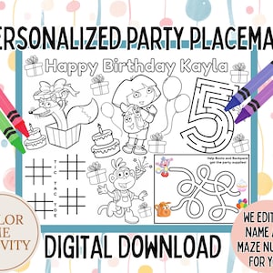 Personalized Dora the Explorer Placemat, Dora Worksheet, Coloring Activity Page, Coloring Placemat, Birthday, Printable, Boots and Dora