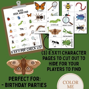 May include: A printable "Bug Hunt" activity sheet with a checklist and illustrations of various insects, including a butterfly, bee, and spider. Includes character pages to cut out and hide. Great for birthday parties and classroom fun.