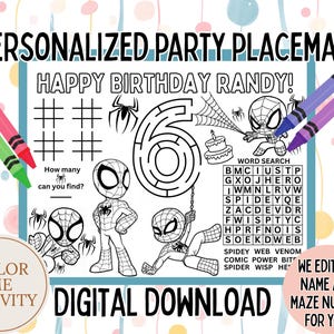 Personalized Spidey Placemat, Spiderman Themed Worksheet, Coloring Activity Page, Coloring Placemat, Birthday Supplies, PDF, Printable