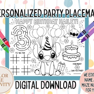 Puede incluir: Un mantel individual de fiesta personalizado con el texto "HAPPY BIRTHDAY HAILEY!". Presenta un laberinto, tres en raya y un personaje de dibujos animados. Incluye el texto "COLOR ME ACTIVITY" y "DIGITAL DOWNLOAD". Se muestran crayones.