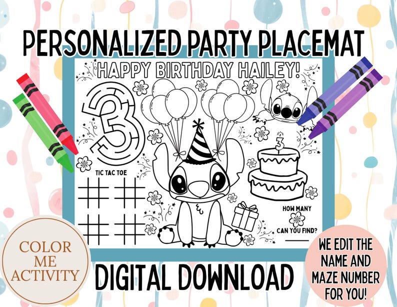 Puede incluir: Un mantel individual de fiesta personalizado con el texto "HAPPY BIRTHDAY HAILEY!". Presenta un laberinto, tres en raya y un personaje de dibujos animados. Incluye el texto "COLOR ME ACTIVITY" y "DIGITAL DOWNLOAD". Se muestran crayones.