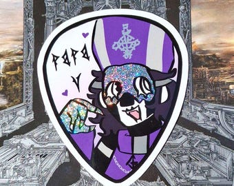 May include: A sticker featuring a cartoon character in a purple and white bishop's hat and collar. The character has a glittery mask and is pointing. The word "Papa" is written in stylized letters.