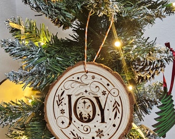Joy Nativity Scene Rustic Log Ornament