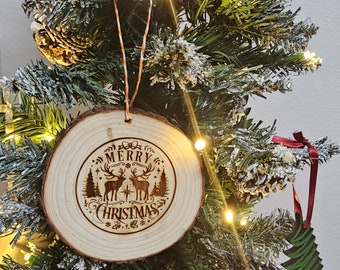 Merry Christmas Deer Rustic Log Ornament