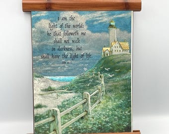 Vintage 1980s Christian Lighthouse Wall Hanging John 8:12 Foil Art Plaque 9x7