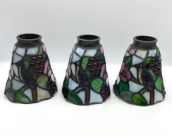 3 Vintage Tiffany Style Blue Jay Bird Stained Glass Lamp Shades 5.5" Grapes