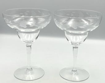 Vintage 1980s Princess House Heritage Margarita Glasses Set 2 Etched Floral