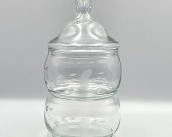 Vintage 1980s Princess House Heritage 2 Tier Candy Jar Etched Glass Lid Floral