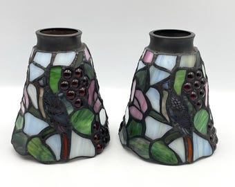 2 Vintage Tiffany Style Blue Jay Bird Stained Glass Lamp Shades Pair 5.5" Grapes