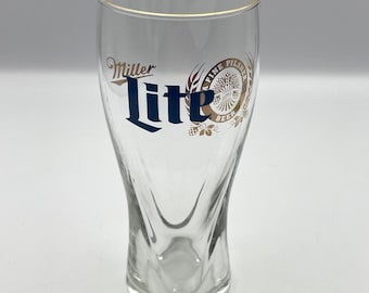 Vaso de cerveza Miller Lite Pilsner vintage de los años 80 con borde dorado y logotipo grabado, 6,75 pulgadas.