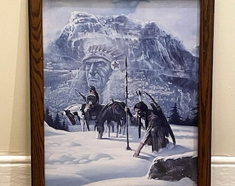 Spirit Chief, scène de montagne amérindienne encadrée dans la neige, impression d'art mural