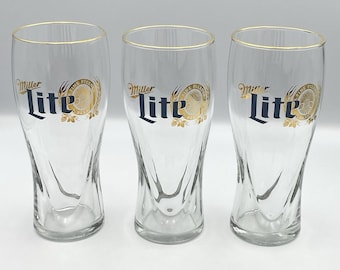 Vintage 1980s Miller Lite Beer Gold Rim Pilsner Glasses Set of 3 Etched 6.75"
