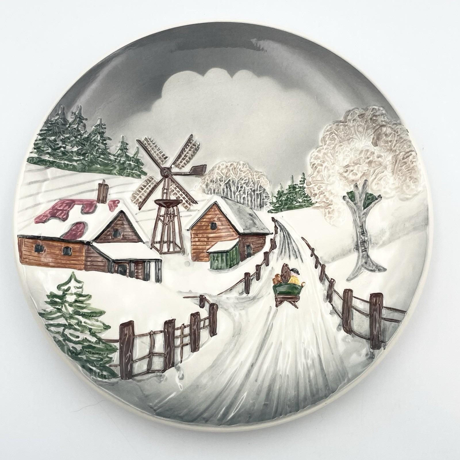 Vintage 1978 West Germany 3D Relief Winter Village Windmill Wall
