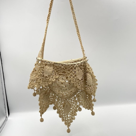 Antique Early 1900s Handmade Irish Crochet Lace Handbag Purse Floral Motif
