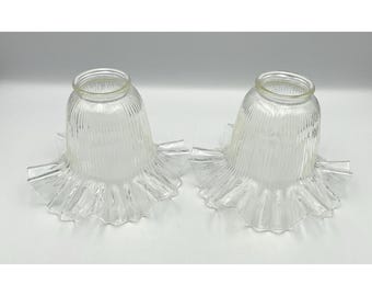 Vintage 1980s Clear Ribbed Glass Lamp Shades Ruffled Edge 2" Fitter Pair