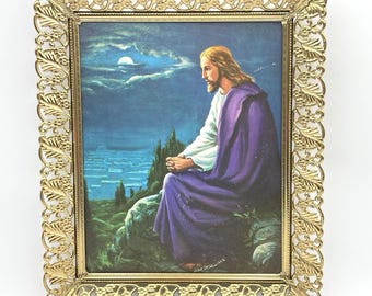 Vintage jaren 70 Jezus bidt in Gethsemane Olijfberg ingelijste religieuze kunst