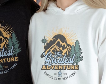 Adventure Couples Hoodie Sweatshirt, Just Married Matching Sweaters for Outdoors Hiking Camping Mountain, Wedding Honeymoon Anniversary Gift