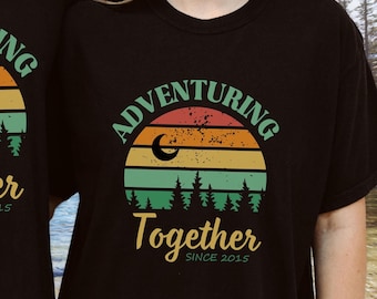 Anniversary Couples T-shirts with Year, Honeymoon Matching Shirts, Adventure Hiking Climbing Mountain Biking Camping Road Trip Vacation Gift