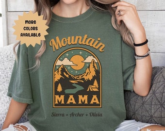 Mountain Mama Adventure Shirt with Kids Names, Personalized Mother's Day Gift T-Shirt with Children's Names Comfort Colors Outdoor Mom Shirt