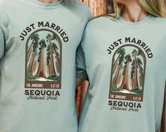 Just Married Sequoia National Park Shirts, Personalized Honeymoon T-shirts, Elopement Shirts, Matching Newlywed Hiking Couples Wedding Date