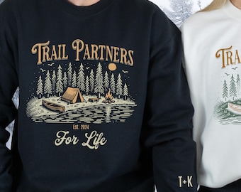 Personalized Couples Sweatshirt with Names on Sleeve, Adventure Trail Outdoor Hiking Couples Matching Sweaters, Elopement Honeymoon Gift