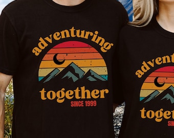Anniversary Couples T-shirts with Year, Adventure Hiking Climbing Mountain Biking Camping Road Trip Vacation, Honeymoon Matching Shirts Gift